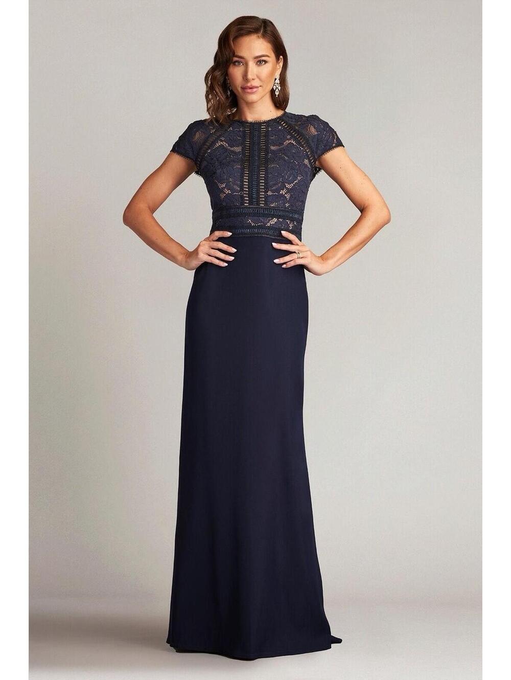 Tadashi Shoji Navy Lace-Top Floor-Length Gown with Cap Sleeves
